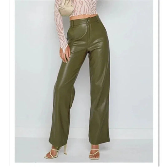 PU Leather Solid Color Women's Flared Trouser Pants