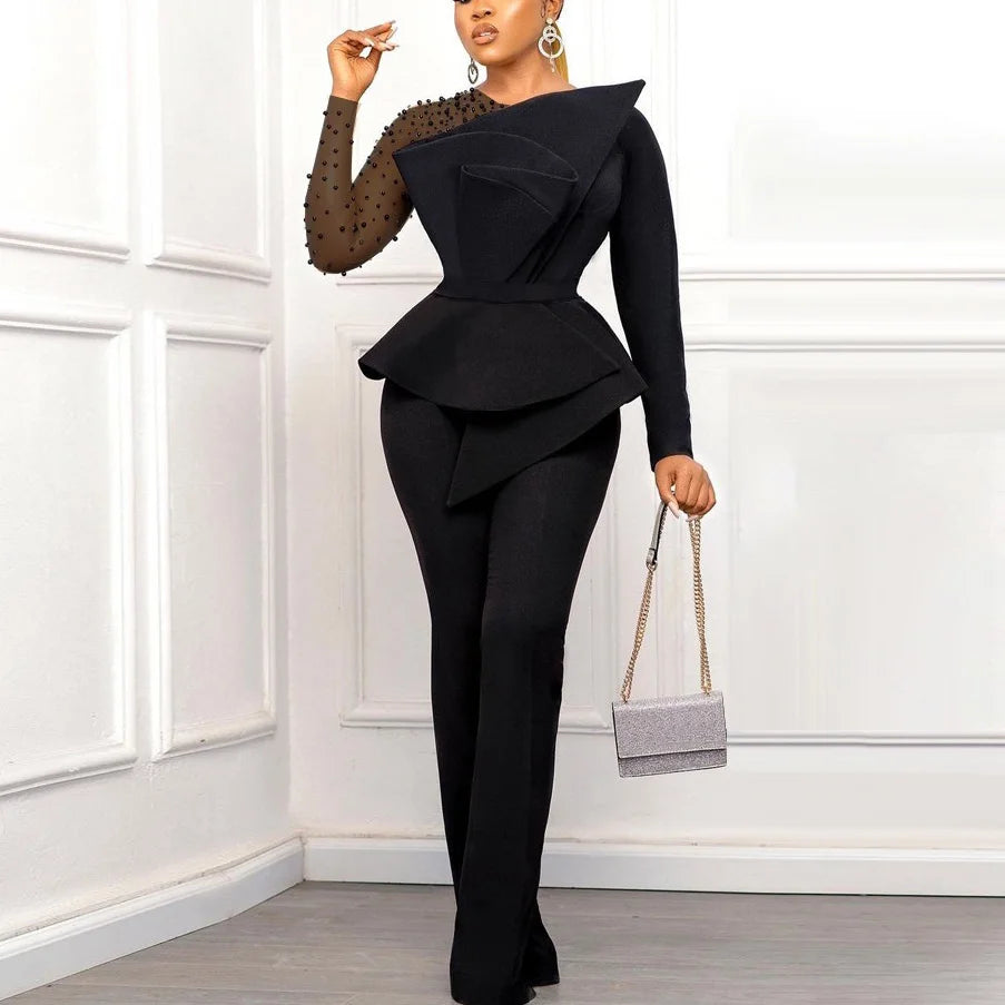 Pearl Embellished Round Neck Transparent Sheer Long Sleeve Solid Color High Waist Formal Party Jumpsuit to 3X Plus Size