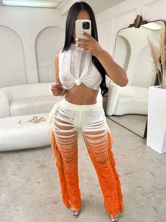 Solid Sleeveless Crop Top + Ombre Colorblock Ripped Hollow-Out Tassel Fringe Detail Knitted Elastic Waist Pants 2-Piece Set