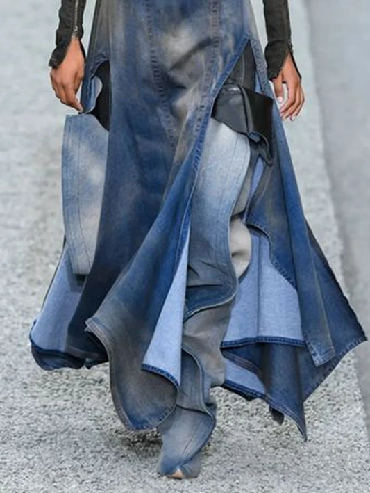 Denim Washed Colorblock Irregular High Waist Patchwork High Slit Maxi Jean Skirt to 3X Plus Size