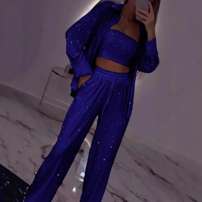 Sequin Glitter Shiny Womens Strapless Tube Top & Zipper Jacket & Lace-Up Pants 3-Piece Tracksuit to 3X Plus Size