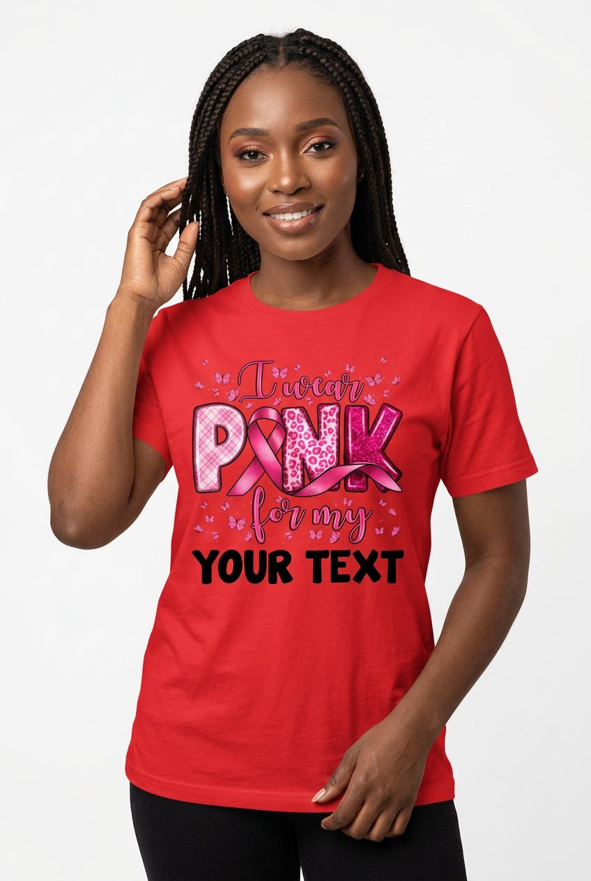 Customized Name "I Wear Pink For My Mom" Short Sleeve Women's Personalized Ribbon 3D Print Breast Cancer Awareness T-Shirt to 3X Plus Size