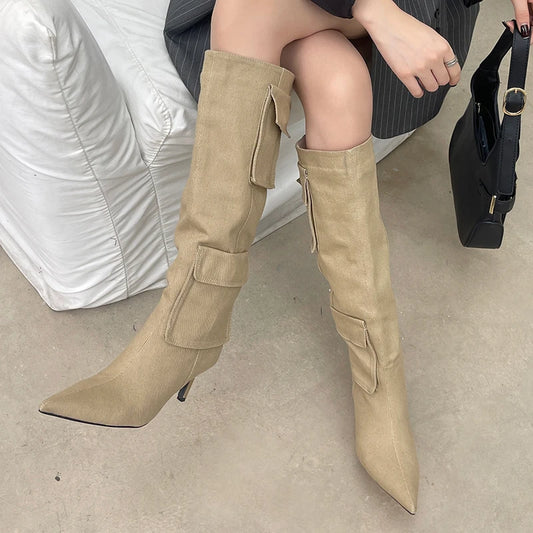 Western Cargo Solid/Denim/Patent Leather Pocketed Knee High Pointed Toe Ladies Long Boots