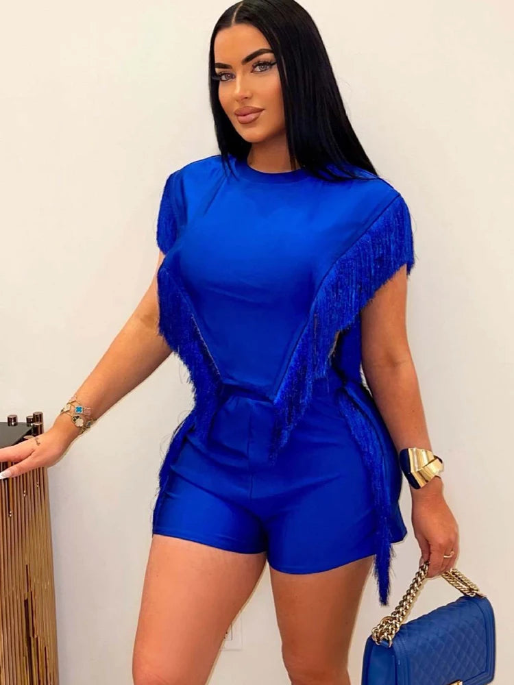 Sleeveless Tassel Fringe Solid Color Crop Top + Matching Mini Shorts 2-Piece Set