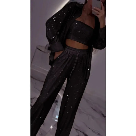 Sparkling Glitter Sequin Women's Fitness Zipper Jacket w/ Matching Tube Top+ Elastic Waist Sweatpants Women's 3-Piece Tracksuit to 3X Plus Size