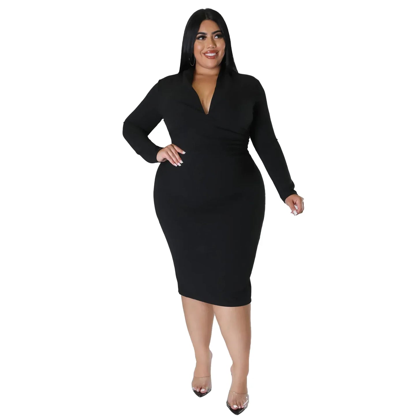 Solid Color Long Sleeve V-Neck Midi Zipper Dress to 4X Plus Size