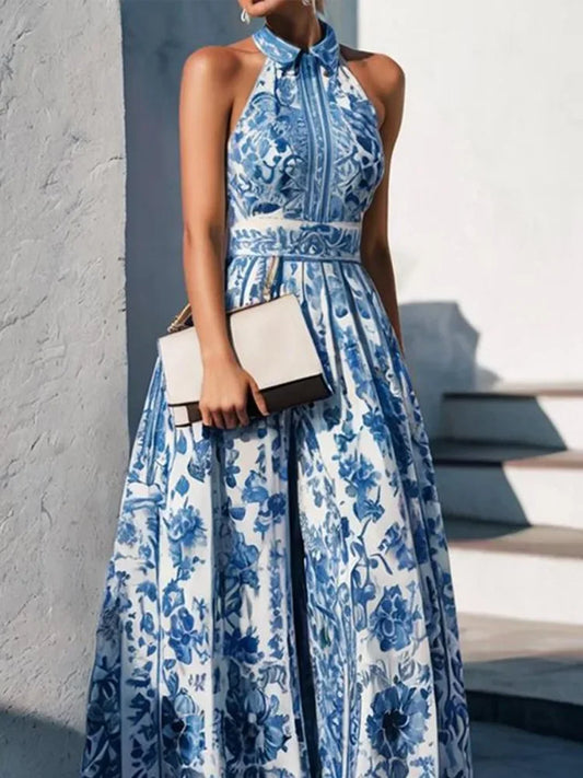 Blue/White Floral Print Turn-Down Collar Sleeveless High Waist Pleated Big Swing Maxi Dress