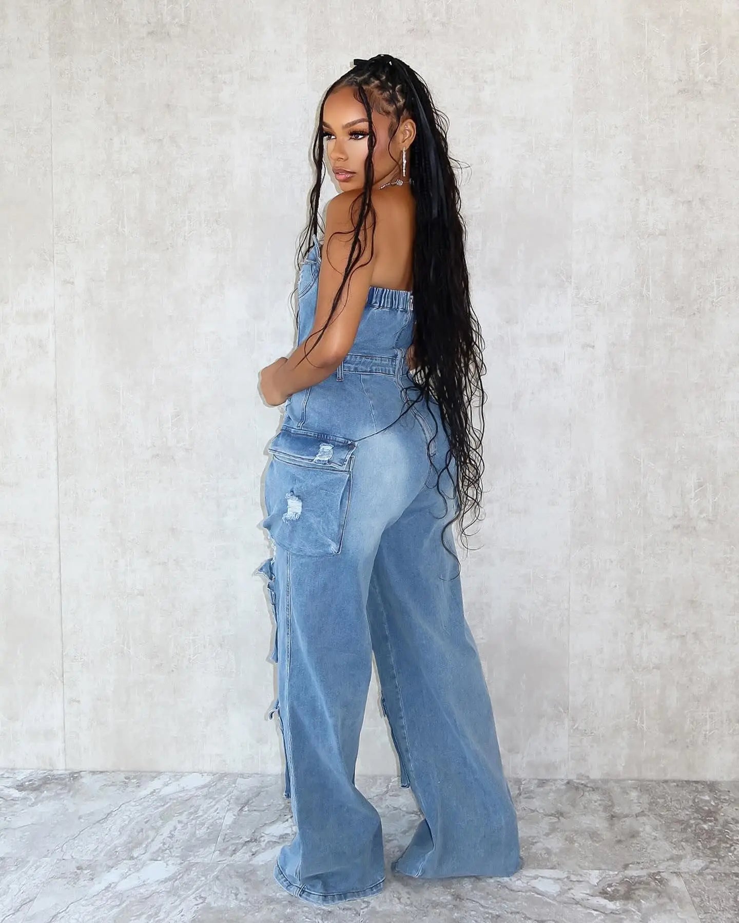 Denim Sleeveless Button-Up Tube Top Women's Ripped Hole Design Multi-Pocket Strapless Skinny Wide Leg Cargo Jean Jumpsuit