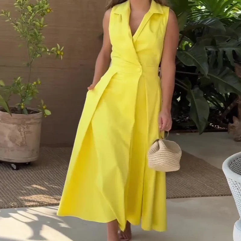 Solid Color Turn-Down Collar Sleeveless Pleated A-Line Maxi Wrap Dress