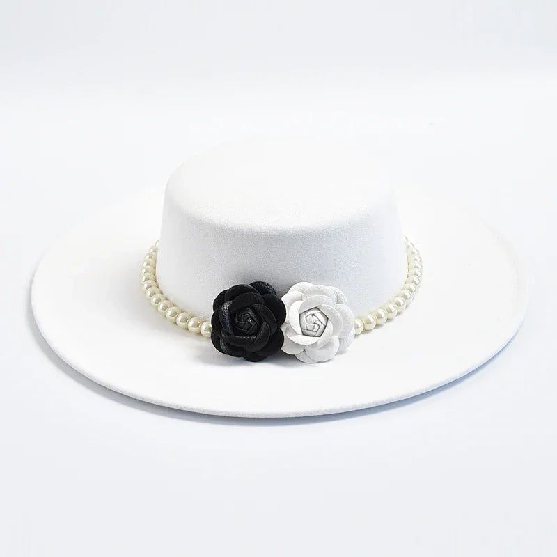 French Rose Flower Pearl Decor Wide Brim Flat Top Felt Derby Fedora Hat
