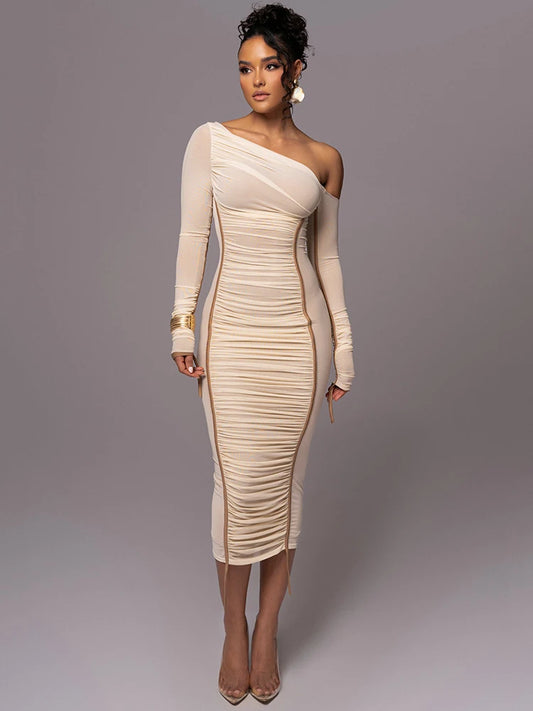 Ruched Diagonal Collar Long Sleeve Layered Mesh Backless Bodycon Dress
