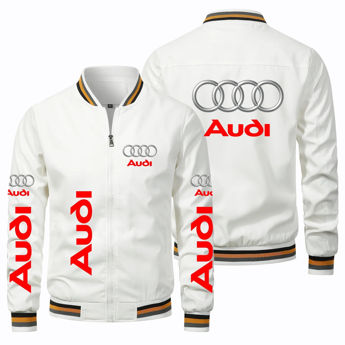 Men's Motorcycle Audi Car Logo Print Rib Sleeve Biker Racing Bomber Jacket