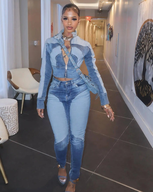 Denim Light/Dark Blue Colorblock Women's Zipper Cropped Jean Jacket + Skinny Jeans 2-Piece Set