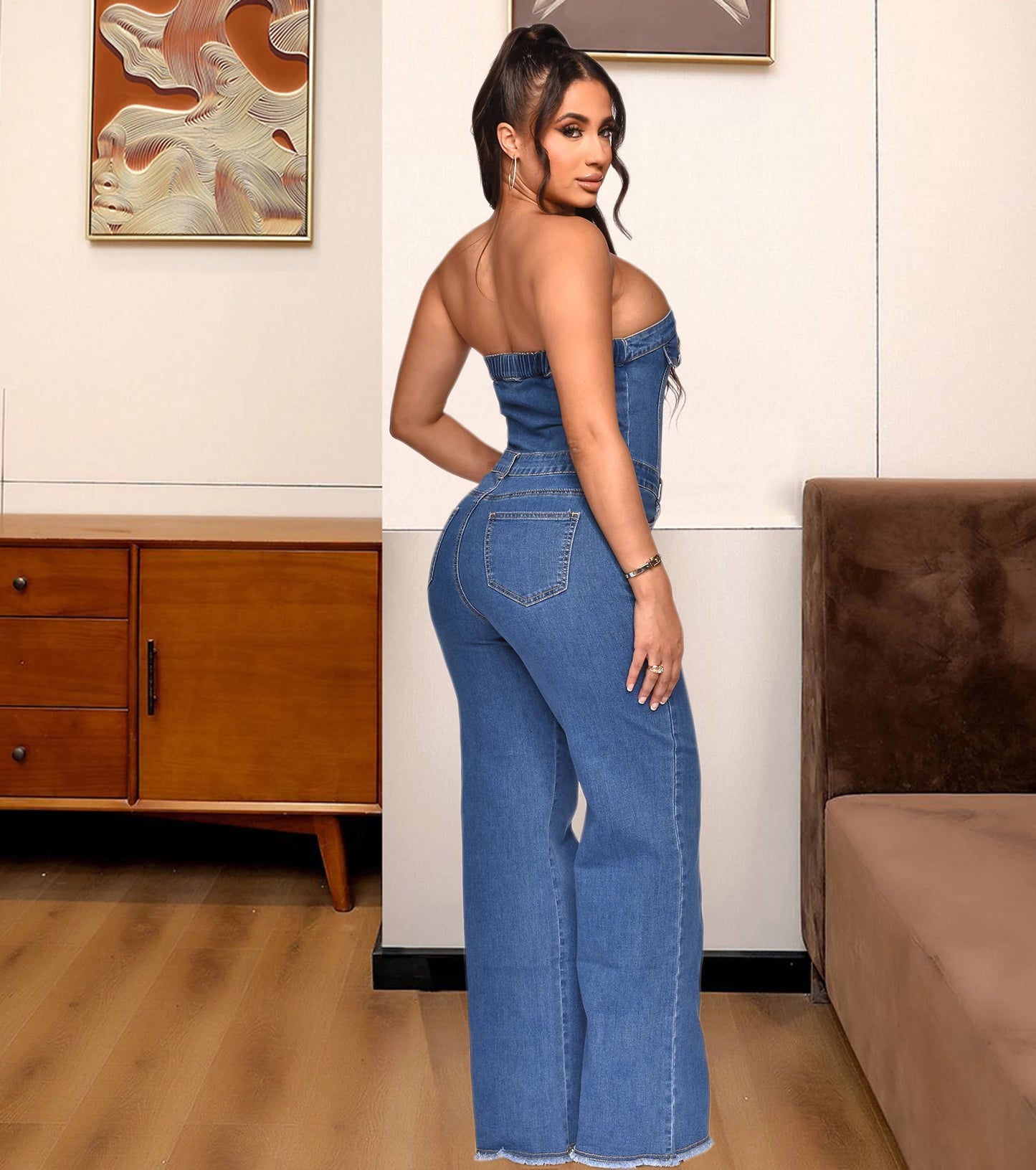 Denim Blue Button-Up Double Pocket Tube Top Design Women's Strapless Overall Jean Jumpsuit