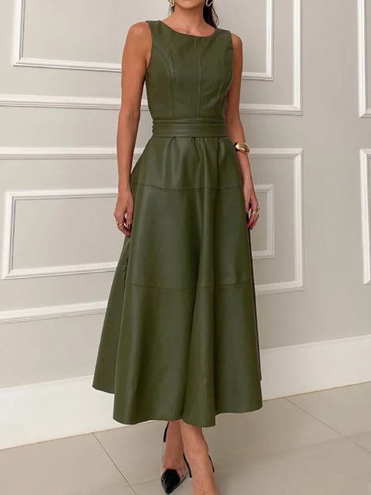 Olive Green Patchwork PU Leather Lace-Up O-Neck Sleeveless Maxi Party Dress
