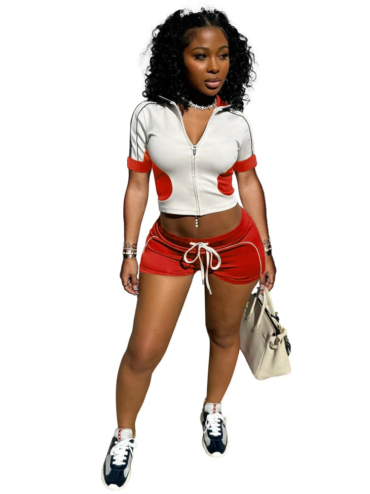 Colorblock Patchwork Paneled 2-Tone Short Sleeve Zipper Crop Top + Mini Streetwear Shorts Women's 2-Piece Set