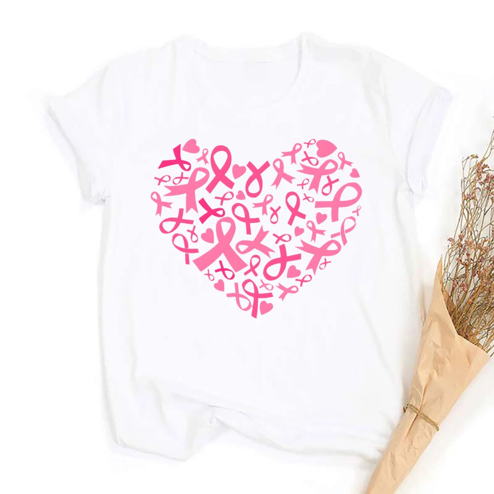 Heart Print Women's Pink Ribbon Breast Cancer Awareness T-Shirt