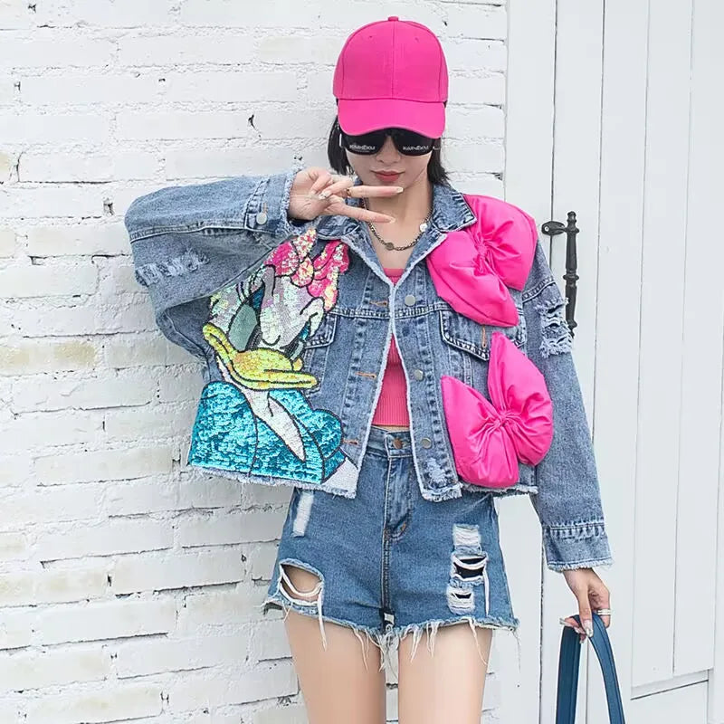 Denim Daffy Duck/Minnie Mouse Cartoon Print Big Pink/Red Bowknot Embroidered Women's Sequin Short Loose Jean Jacket