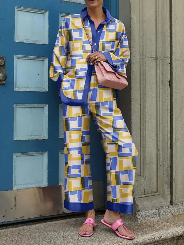 Geometric Colorblock/Floral/Big Dot Print Turn-Down Collar Long Sleeve Blouse + Wide Leg Women's Trouser Pants 2-Piece Set