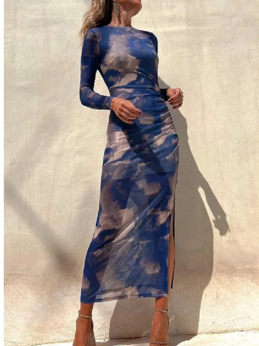 Mesh Sheer Floral Transparent Print Long Sleeve Side Slit Maxi Dress