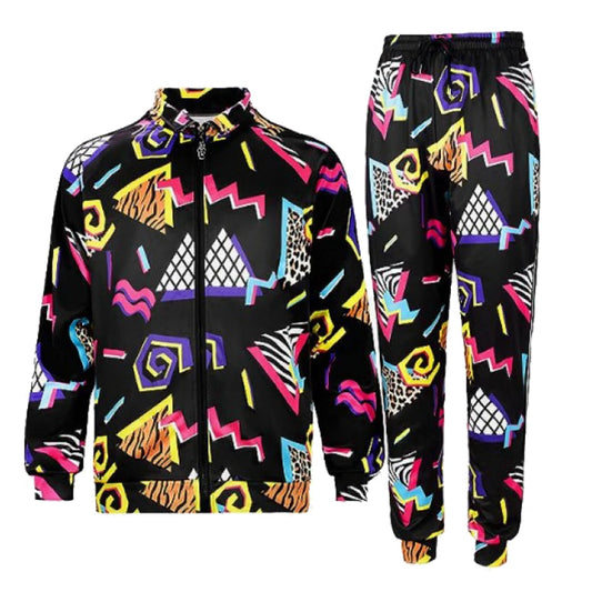 Men's Retro 80's Hip-Hop Geometric Multi-Colored Print Mandarin Collar Zipper Jacket + Jogger Sweatpants Tracksuit