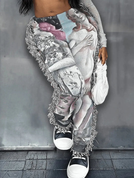 Abstract Portrait Print High Waist Tassel Design Flared Women's Skinny Pants to 5X Plus Size