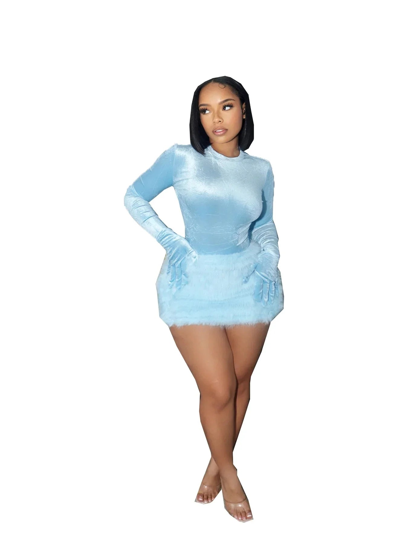 Velvet Long Sleeve Solid Color Women's Bodysuit+ Faux Fur Mini Skirt 2-Piece Set