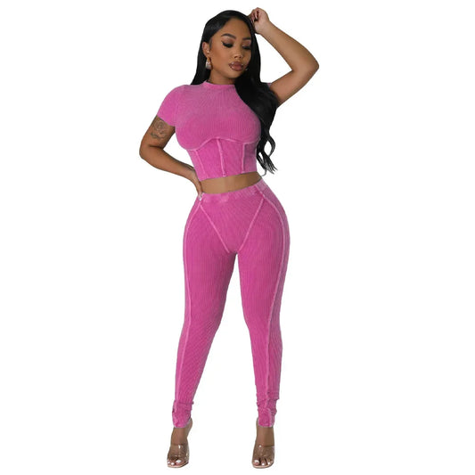 Ribbed Knitted Bandage Women's Plain Stitch Short Sleeve Solid Color Crop Top + Bare Waist Skinny Leggings 2-Piece Set
