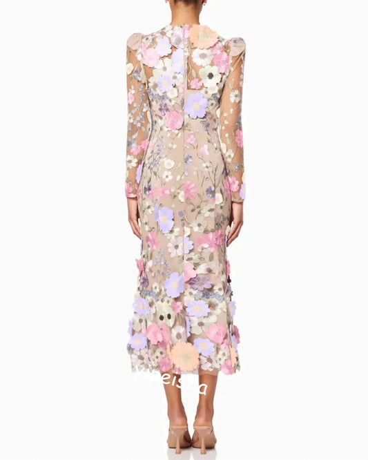 Mesh Flower Embroidered Tulle Lace Long Sleeve Formal Bespoke Party Dress