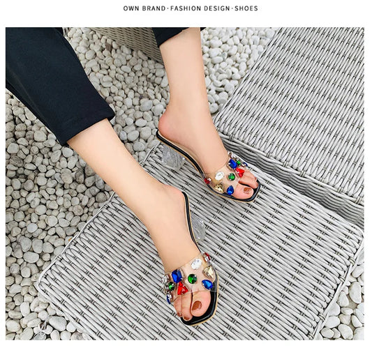 PVC Transparent Clear Crystal Rainbow Rhinestone Embellished Open Toe Low Heel Women's Sandals