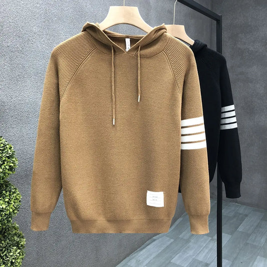 Men's Long Striped Detail Sleeve Drawstring Solid Color Hoodie Sweater