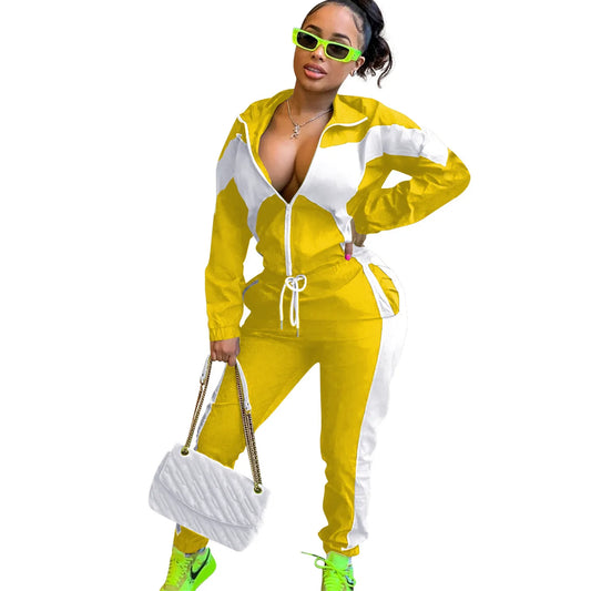 Colorblock Women's Turn-Down Collar Zipper Sweat Jacket + Elastic Waist Sweatpants Tracksuit