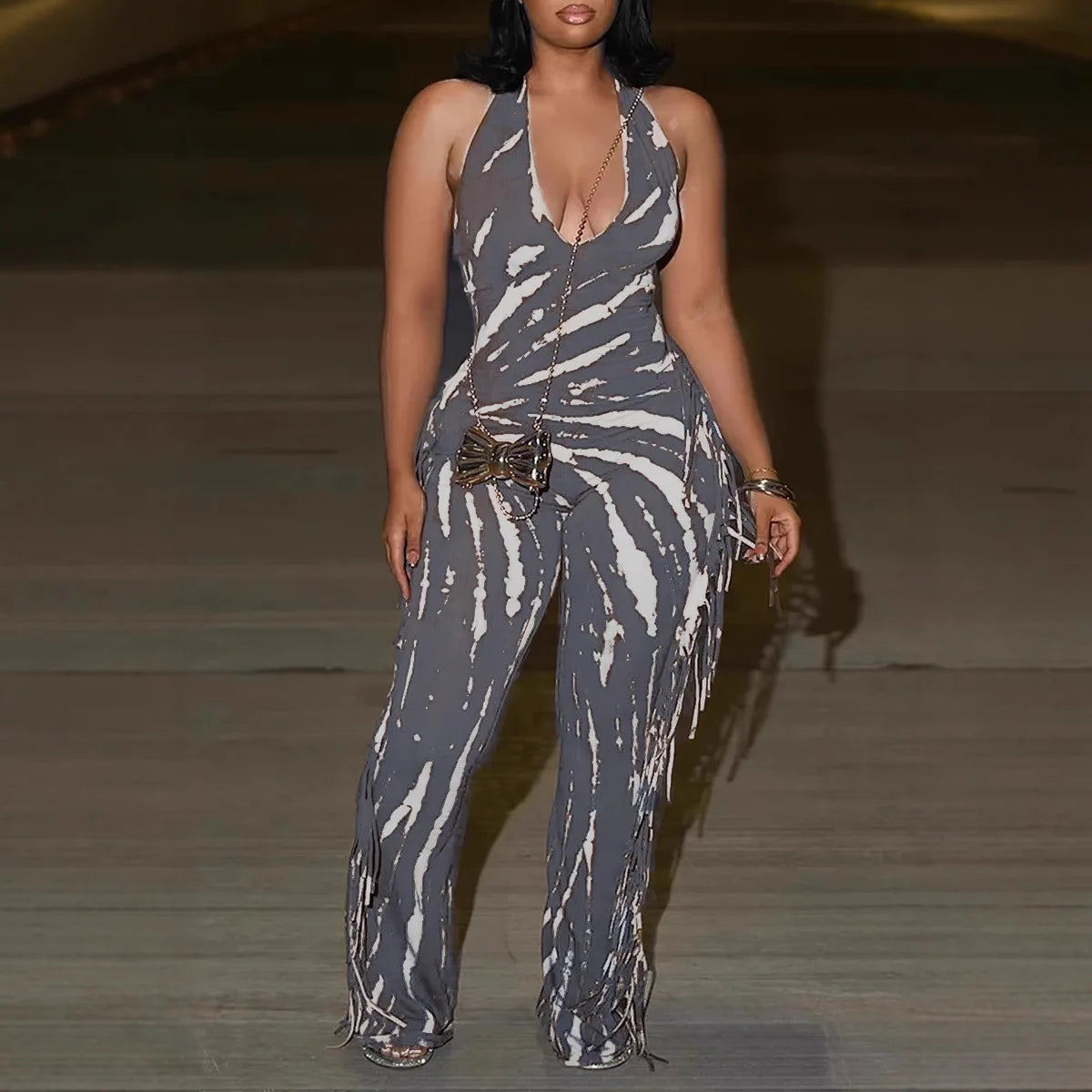 Coffee/Grey Striped Swirl Print Tassel Fringe Design Backless V-Neck Bodycon Women's Sleeveless Jumpsuit to 3X Plus Size