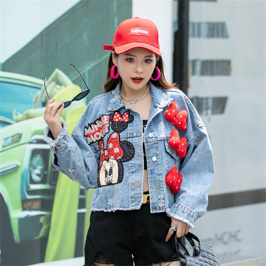 Denim Daffy Duck/Minnie Mouse Cartoon Print Big Pink/Red Bowknot Embroidered Women's Sequin Short Loose Jean Jacket