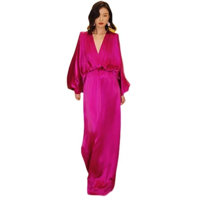 Rose Red Draped Loose Deep V-Neck Collar Long Batwing Sleeve Runway Formal Party Dress