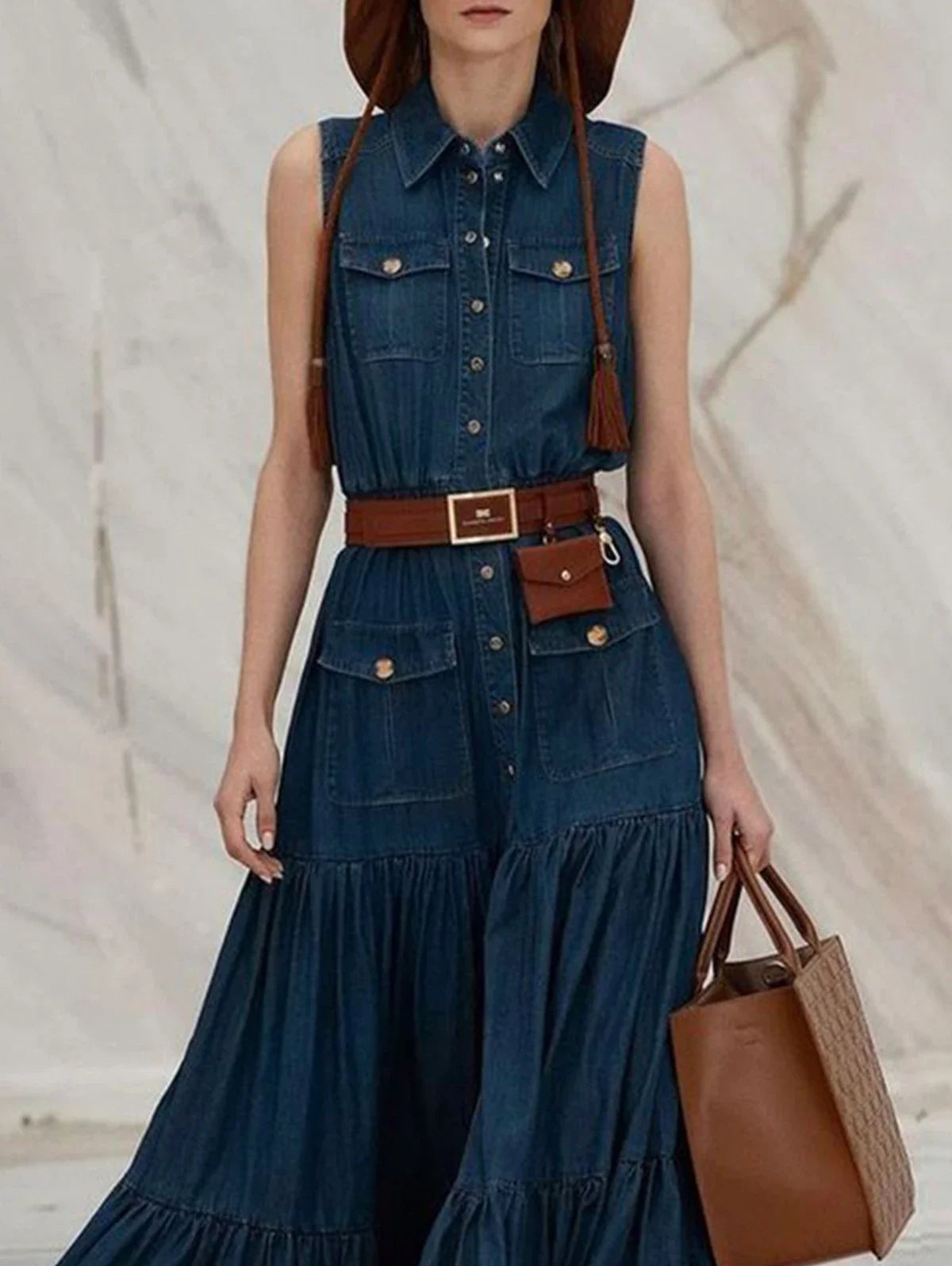 Demin Dark Blue Cargo Pocketed Ruffled Sleeveless Button-Up Tank Style Turn Down Collar Pleated A-Line Maxi Dress