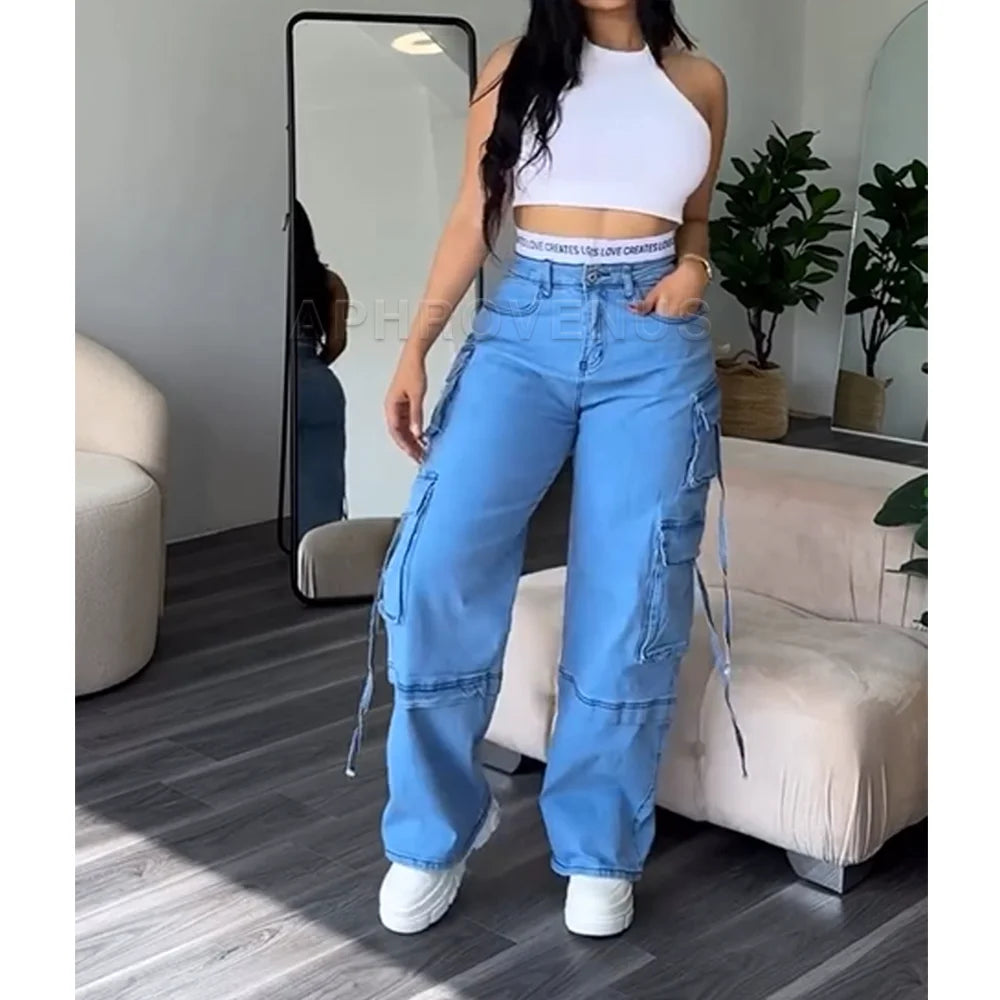 Denim Straight Wide Leg Women's High Waist Loose Hip-Hop Streetwear Waist Cargo Pocketed Jeans