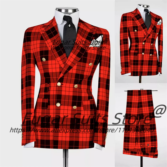 Men's British Plaid Gold Button Detail Double Breasted Tuxedo Blazer Jacket + Pants Formal Prom/Party/Wedding Suit