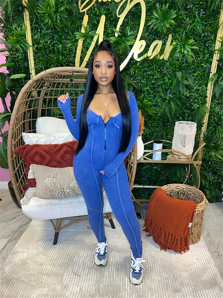 Ribbed Camisole Zipper Front Long Sleeve Women's Bodycon Skinny Fitness Jumpsuit