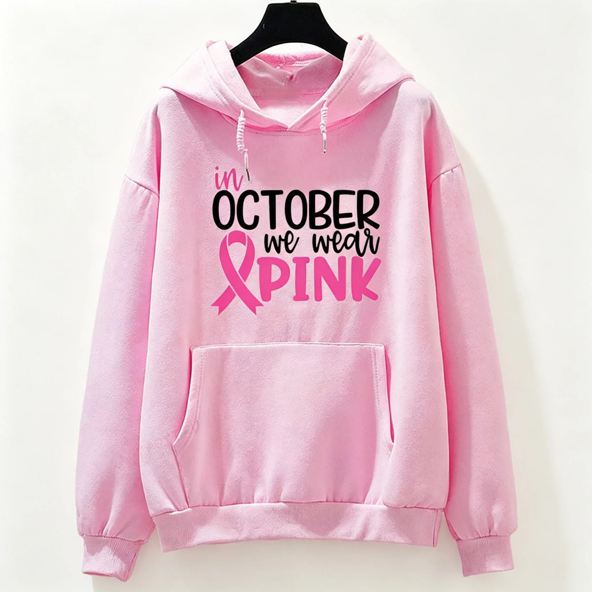 "In October We Wear Pink" Breast Cancer Awareness Long Sleeve Women's Hoodie Sweatshirt to 3X Plus Size