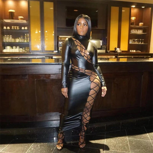 Black Criss-Cross Pattern Bandage PU Leather Hollow-Out Turtleneck Long Sleeve Bodycon Maxi Dress
