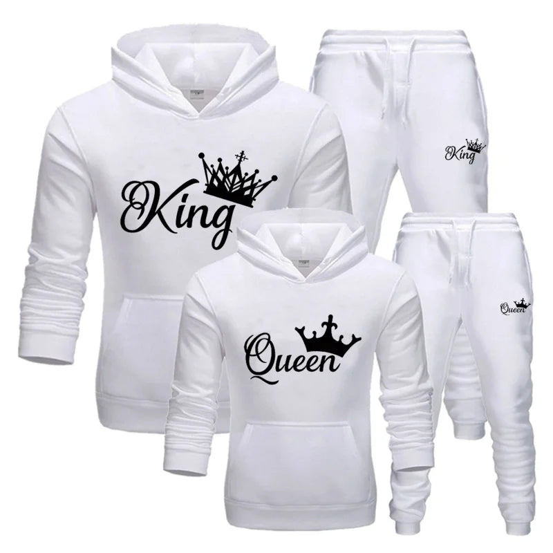 Unisex "King or Queen" Crown Print Couples Matching Hoodie Sweatshirt + Pants Tracksuit