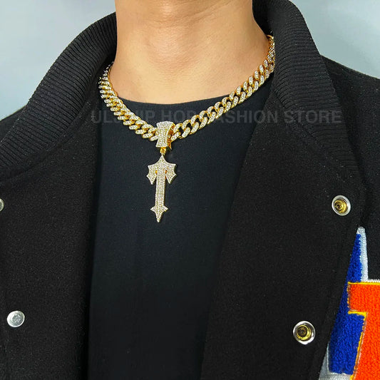 Rhinestone Sword Cross Pendant Iced-Out Cuban Chain Necklace