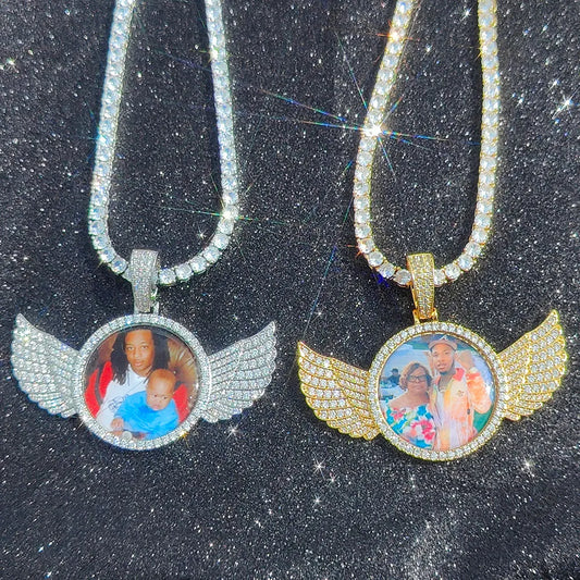 Customized Angel Wing Round Memory Personalized Picture Pendant Tennis Chain Necklace