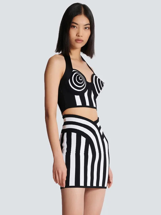 Backless Halter Striped Crop Top + Mini Bandage Skirt Knitted 2-Piece Set