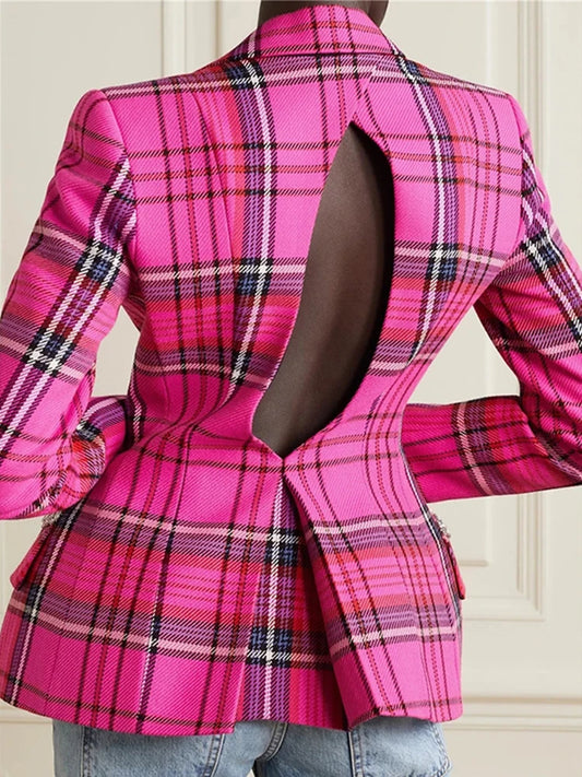 Hot Pink Vintage Plaid Colorblock Notched Collar Long Sleeve Hollow-Out Back Blazer