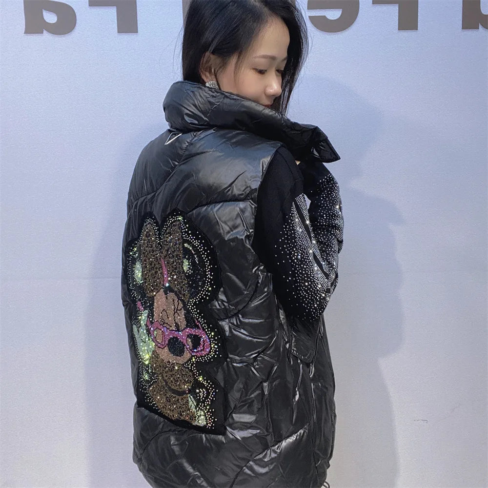 Black Faux Leather Sleeveless Rhinestone Hip-Hop Mini Mouse Back Design Women's Zipper Vest