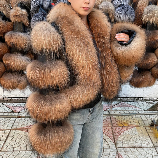 Real Raccoon Fur Hip-Hop Colorblock Design Paneled Women's Streetwear Jacket