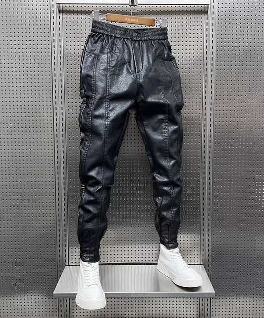 Men's Black Faux Leather Elastic Waist Streetwear Pants