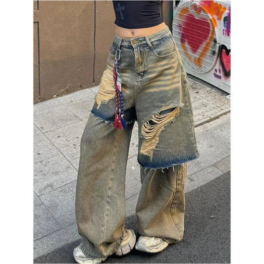 Tassel Fringe Ripped Irregular Patchwork Loose Y2K Hollow-Out Women's Baggy Denim Jeans